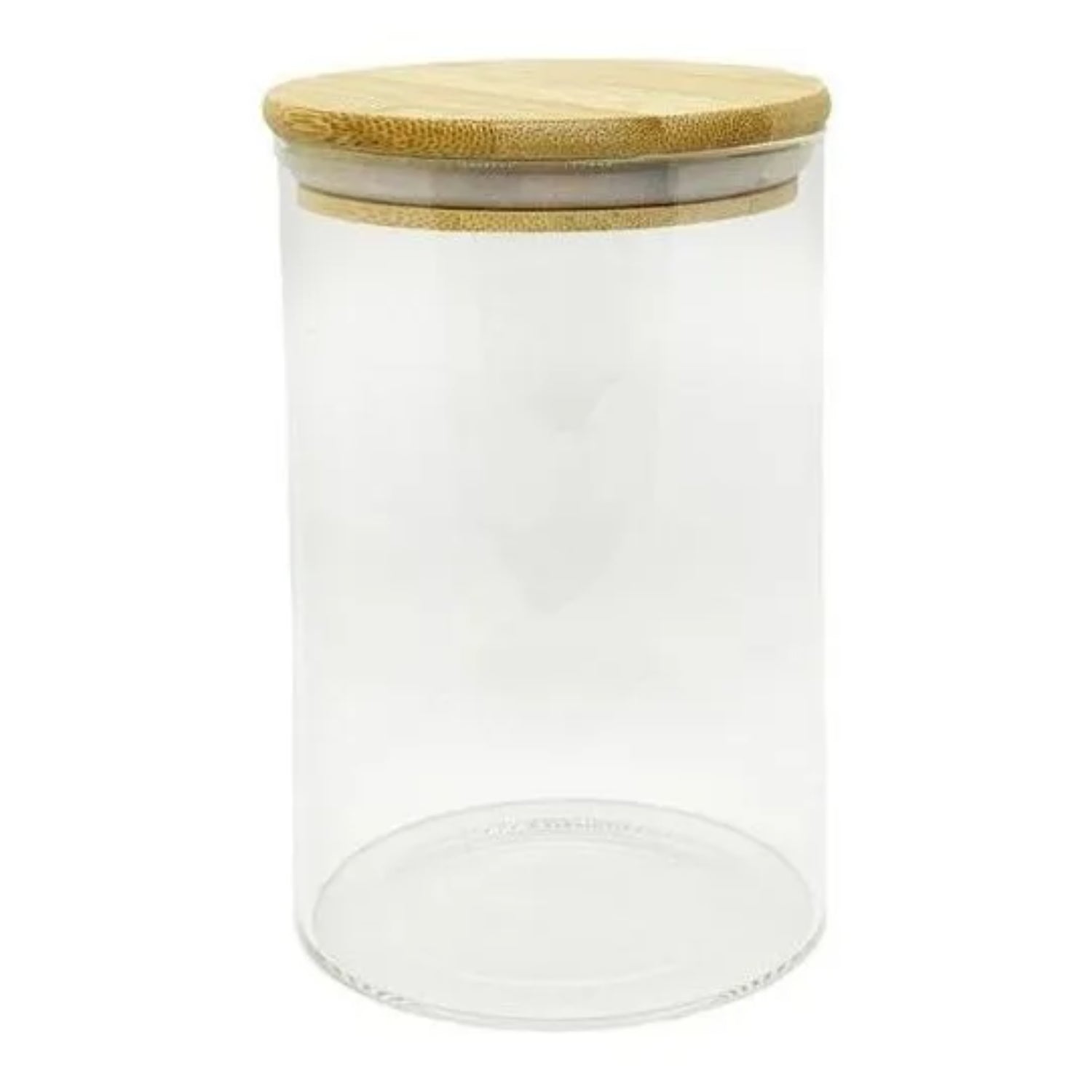 Frasco de vidrio para cocina 10x15cm con tapa de bambú, vista lateral clara